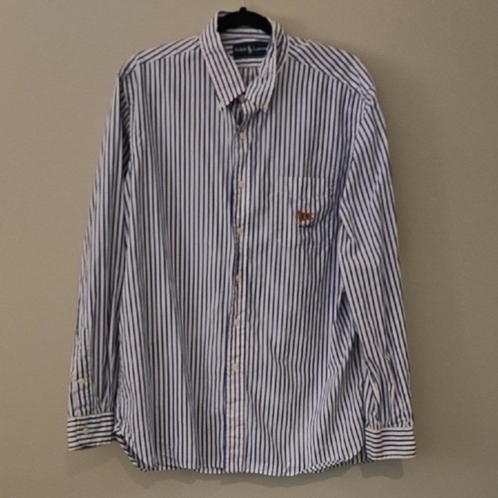 Ralph Lauren Mens XL Blue White Striped Button Down Shirt Preppy RLPC Flag Logo